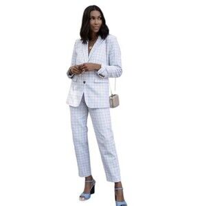 Ann Taylor Tweed Suit Set 00 White Blue Windowpane Blazer Pants Career Office